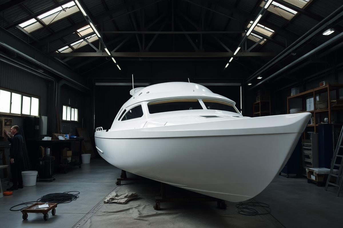 Casco laminado en fibra de vidrio dentro del taller naval de SeaStar Marine Solutions